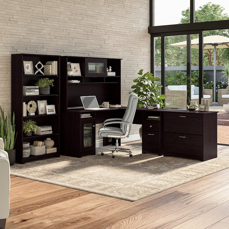 Cabot 60W L-Desk with Hutch, Cabinet and Bookcase by Bush Furniture - Espresso Oak