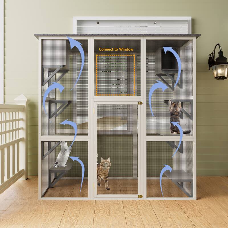 Wooden Outdoor Catio Cat Enclosure, Large Walk-in Cat House with Weatherproof Asphalt Roof, 6 Platforms & 2 Napping Box