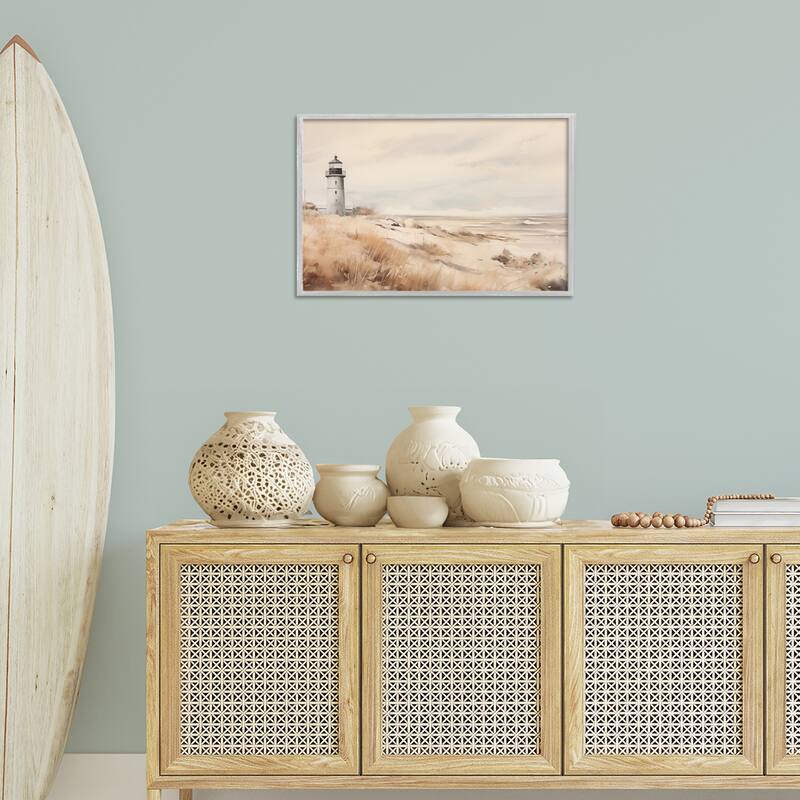 Stupell Distant Lighthouse in Neutral Tones Framed Giclee Art Design By Arlington Prints