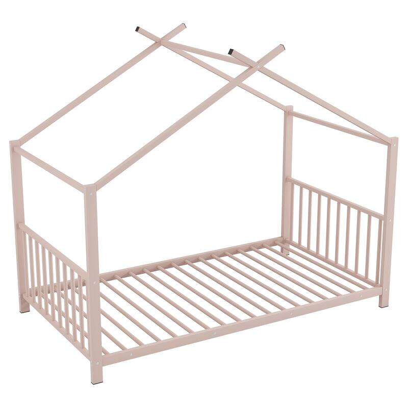 Roomfitters Twin Size House Bed, Modern Metal Floor Bed Frame with Roof, Sleek Scandi Style Sleep Space, Pink
