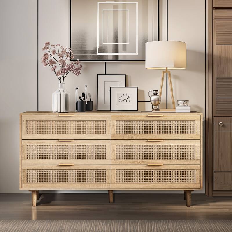 RR 59.06"6-Drawers Rattan Storage Cabinet - Brown