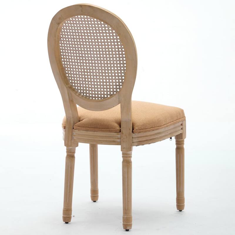 Set of 2 French Linen Upholstered Wood Dining Chairs with Rattan Back