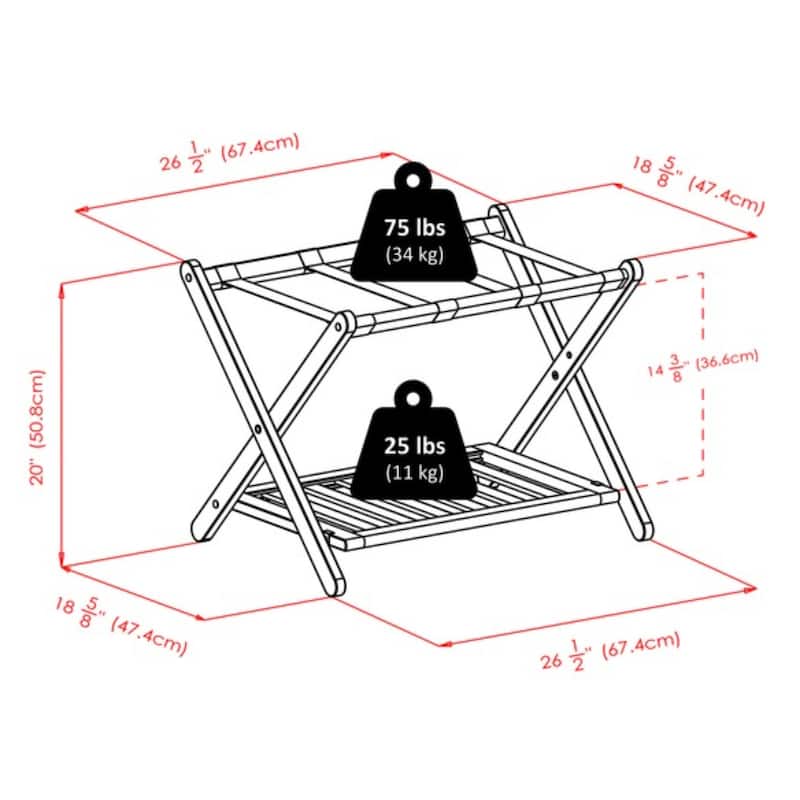2-Tier Folding Luggage Rack with Shelf - 26.5" - White