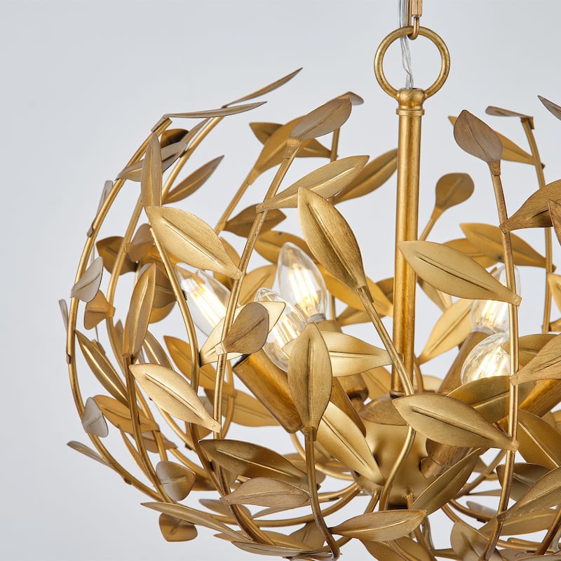 Antique Gold Olive Leaf Spherical Hollow Shade 6-Light Chandelier - 19.7"Wx15.4"H