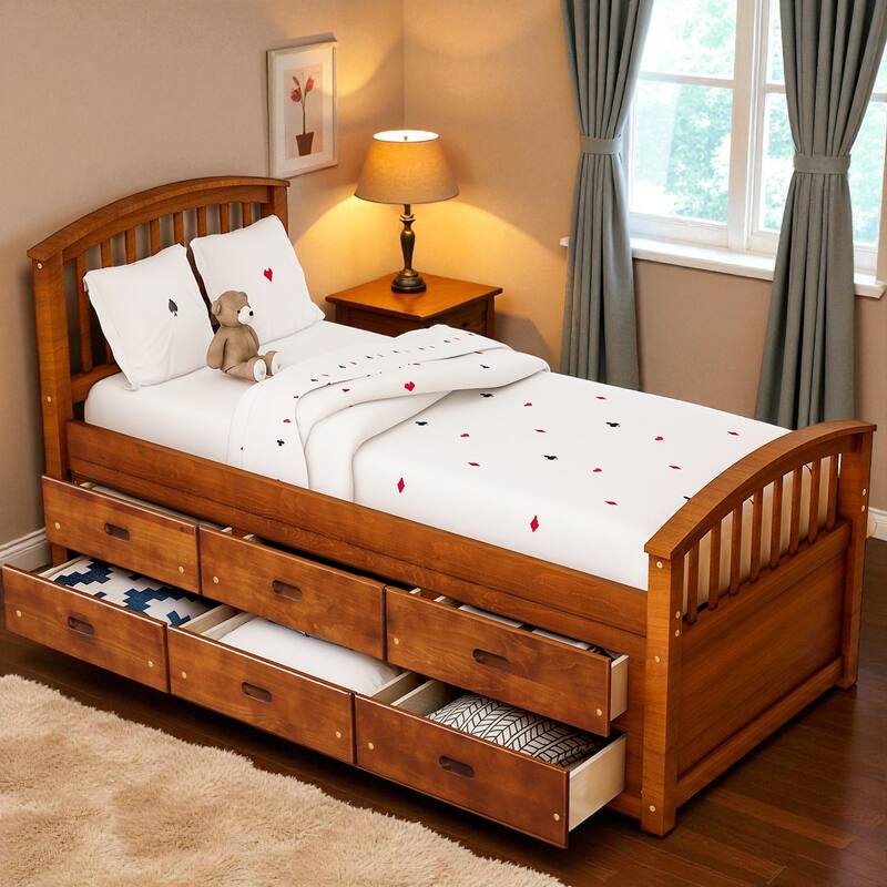 Twin Size Solid Wood Platform Bed with 6 Storage Drawers, Pine Wood Frame with Slats, No Box Spring Needed - Walnut - Twin