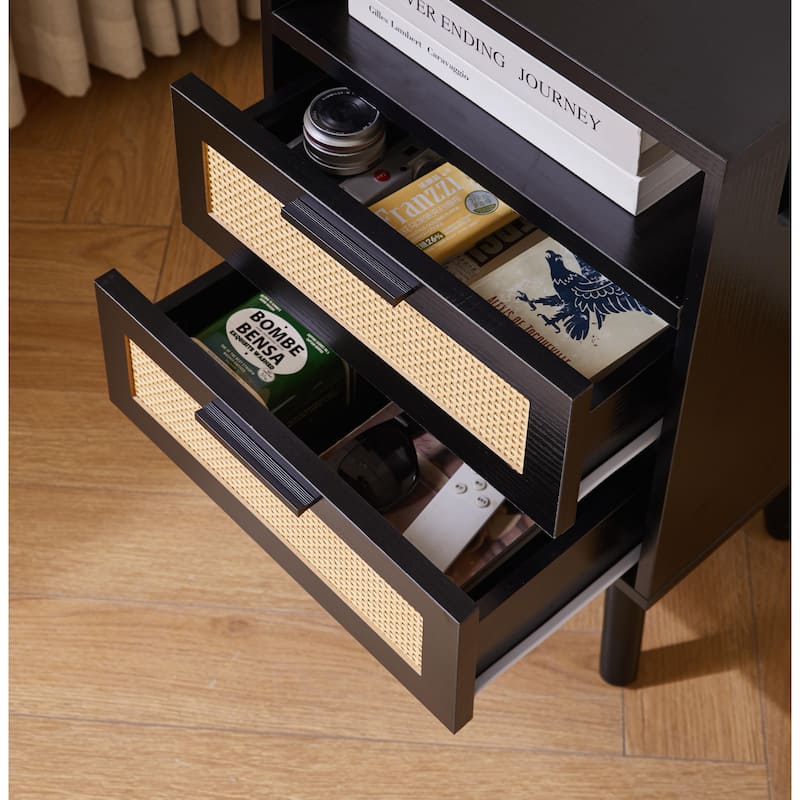 Set of 2 with 2 Drawers, 15.4" Modern Storage Bedside Table with Golden Metal Handles, Wooden End Table for Bedroom