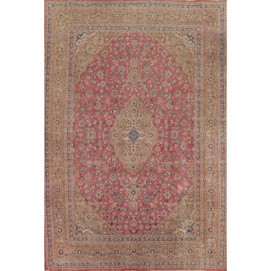 Traditional Pink Mashad Persian Vintage Rug Hand-Knotted Wool Carpet - 9'5"x 12'5"
