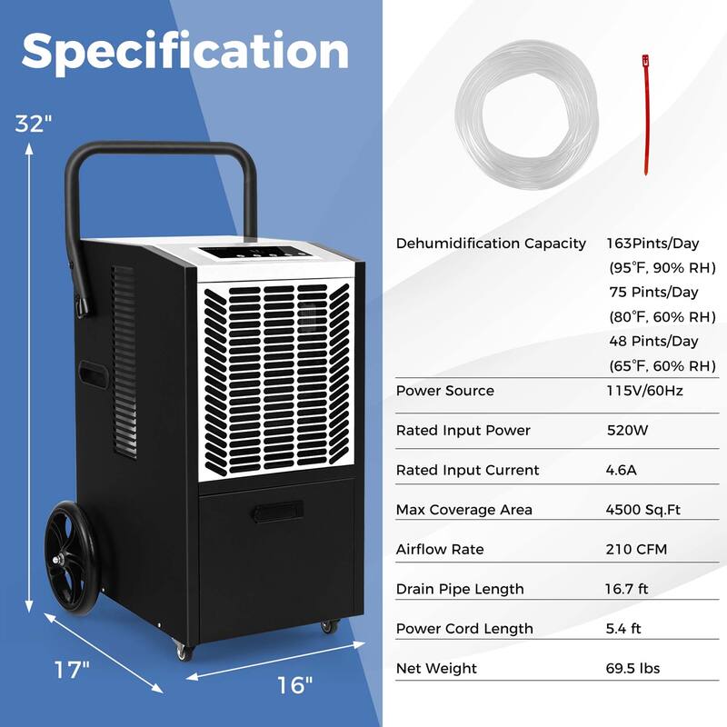 Costway 163-Pint Commercial Dehumidifier with Pump & Drain Hose 4,500 - See Details