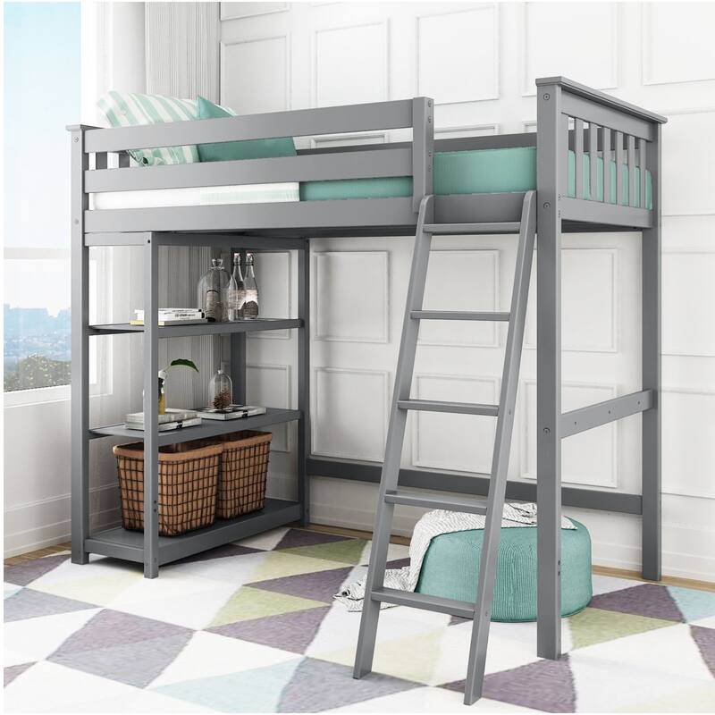 Max and Lily Twin Size High Loft Bed with Bookcase