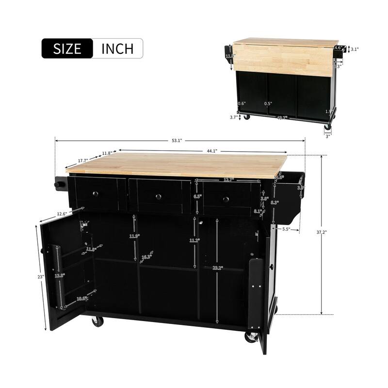 MDF Kitchen Cart Multifunctional with Storage Cabinet and 3 Drawers