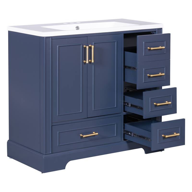 36 inch Solid Wood Traditional Bathroom Vanity with Ceramic Sink and Four Drawers