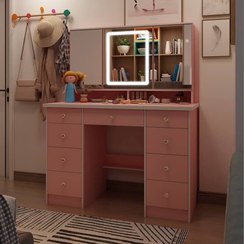 Vanity Desk with Mirror and Lights, Large Makeup Vanity Dressing Table
