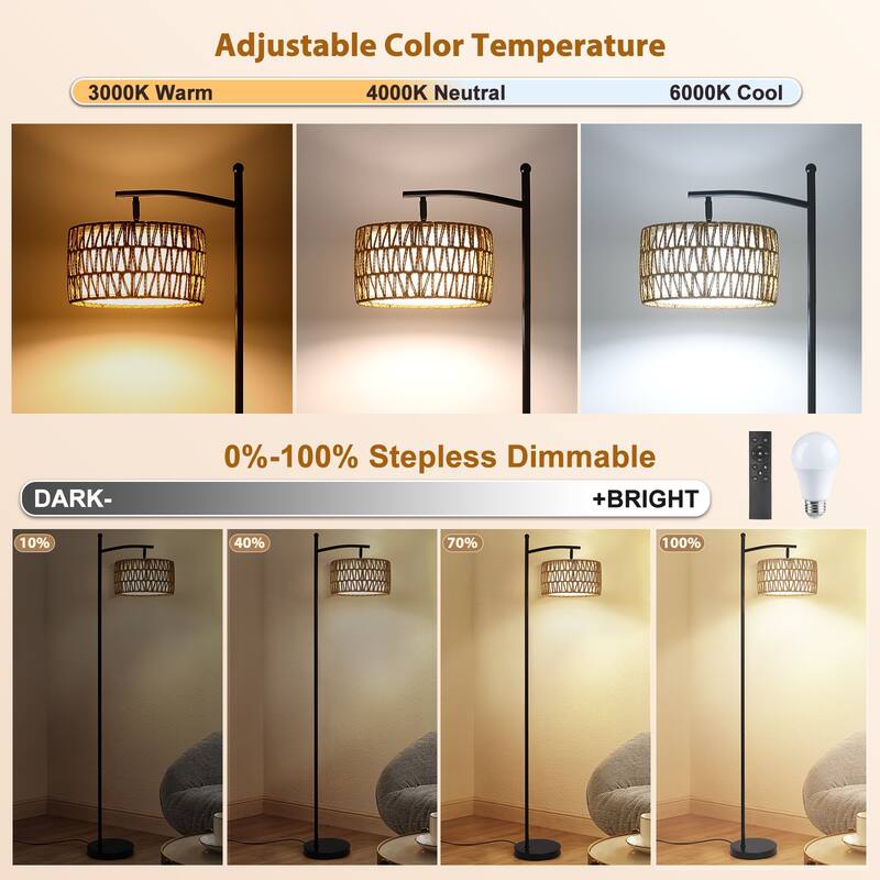 Netin 66" Boho Rattan & Fabric Shades Floor Lamp, Adjustable 3 Color Temperatures with Remote - Black