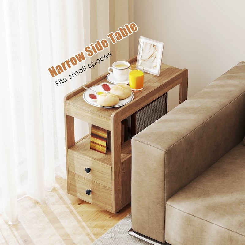 Gymax 2 PCS Narrow End Table Modern 2-Drawer Sofa Side Table w/ Open