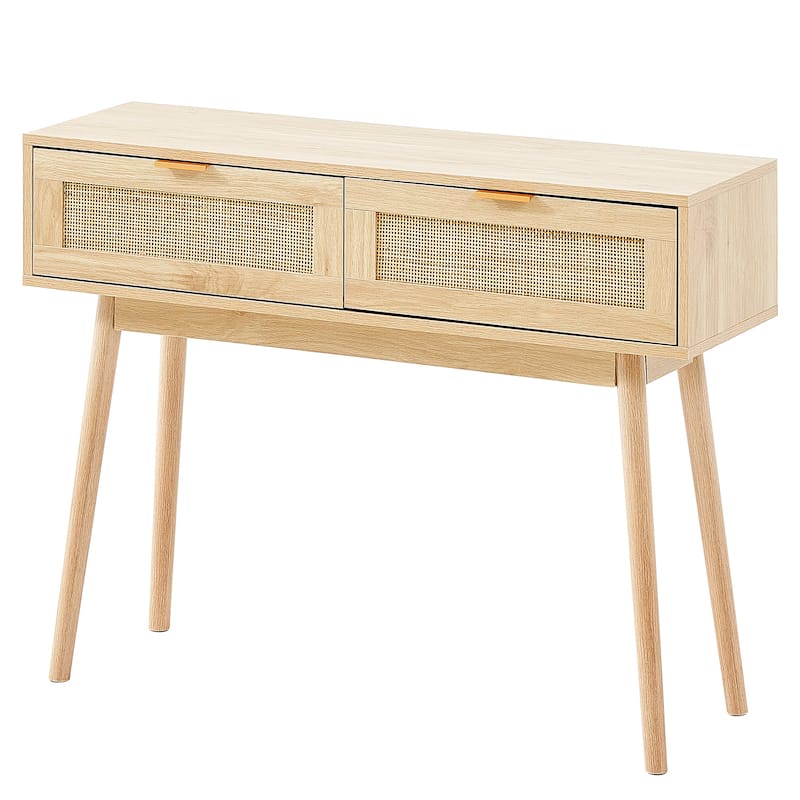 Rattan Console Table with 2 Storage Drawers, Rattan Entryway Table with Natural Rattan Sliding Door, Console Sofa Table