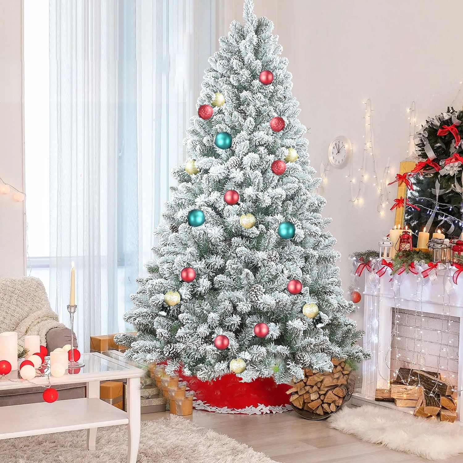 Full Shape Flocked Christmas Tree with Natural Pinecones & Sturdy Metal Stand