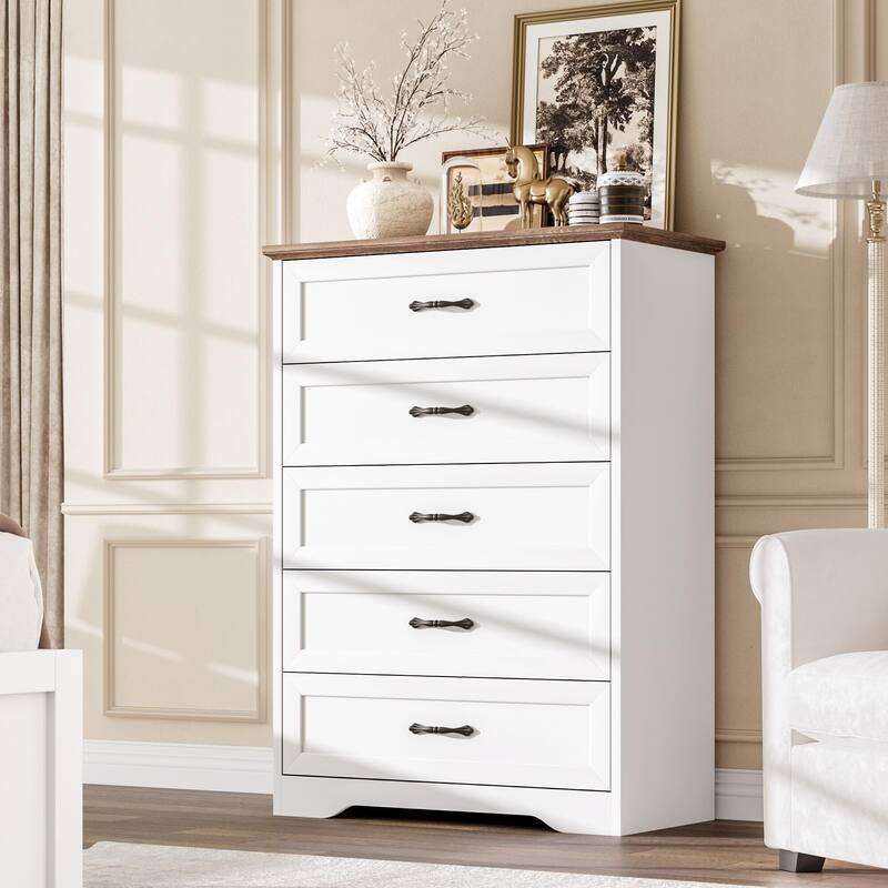 5/6 Drawers Dresser for Bedroom,Chest of Drawers with Wide Metal Handle,Farmhouse Modern Wooden Dresser