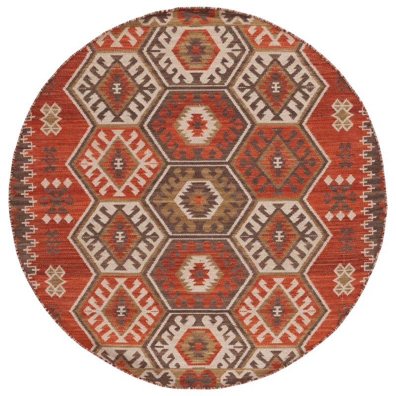 SAFAVIEH Handmade Kilim Melike Tribal Southwestern Wool Rug - 6' Round - Red/Olive