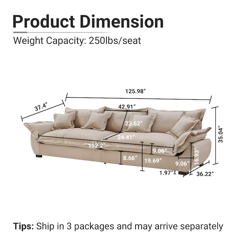 Modular Spacious Deep Seating Velvet Sofa with Storage, Removable Cushion Covers, Pillow Top Arms, Solid Wood Frame and Pillows