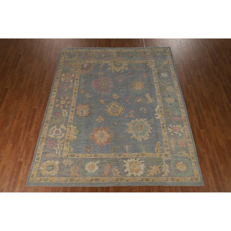 Hand Knotted Oriental 100% Wool Carpet Transitional All-Over Navy Blue & Blues Oushak Area Rug - 9' 11'' X 8' 4''