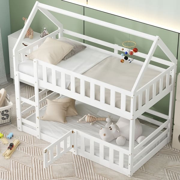 slide 2 of 17, Twin over Twin House Bunk Bed with Fence and Door, White White