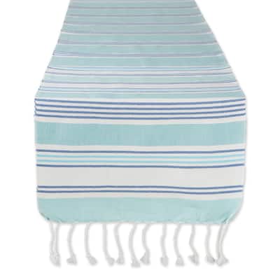 Tidal Stripes Fouta Cotton Table Runner with Tassels - 72" - Sea Blue and White