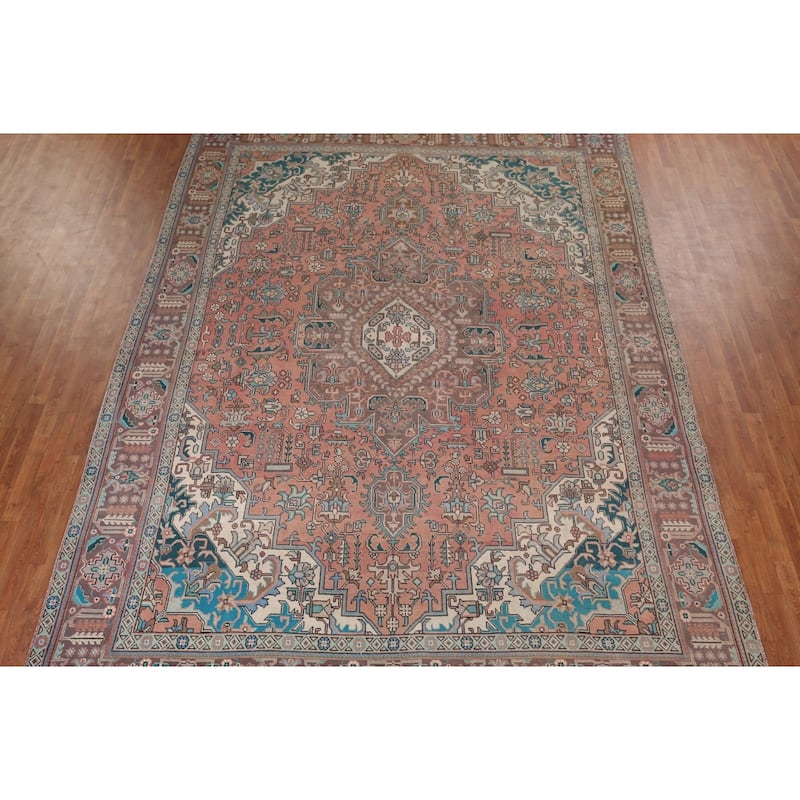 Tabriz Vintage Persian Rug Hand-Knotted Pink Geometric Wool Carpet - 9'9" x 13'4"