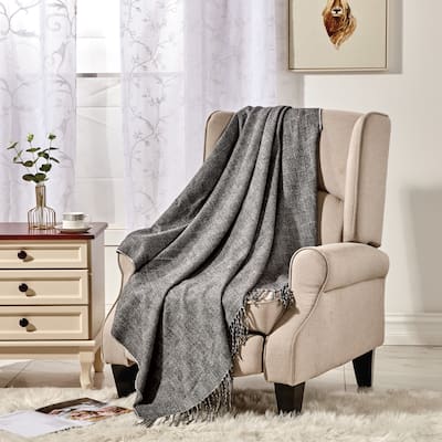 Wellco Ultra Soft Knitted Throw Blanket With Boho Tassels - 50" x 60", Stripe Patterns, Grey
