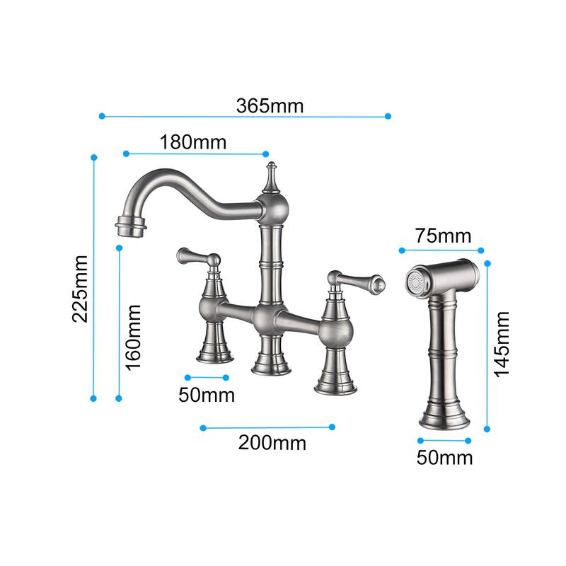 Two-Handles Bridge Kitchen Faucet with Side Sprayer