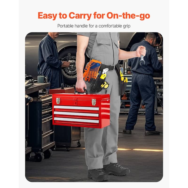 20.5 Inch Red Portable Metal Toolbox with 3 Storage Drawers and Auto Locking System - 20.5 x 8.6 x 12 in