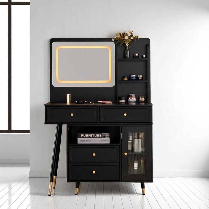 Makeup Vanity with Mirror, LED Light Modes, Built-in Charging Ports, Drawers & Cabinet, Compact Adjustable Desk