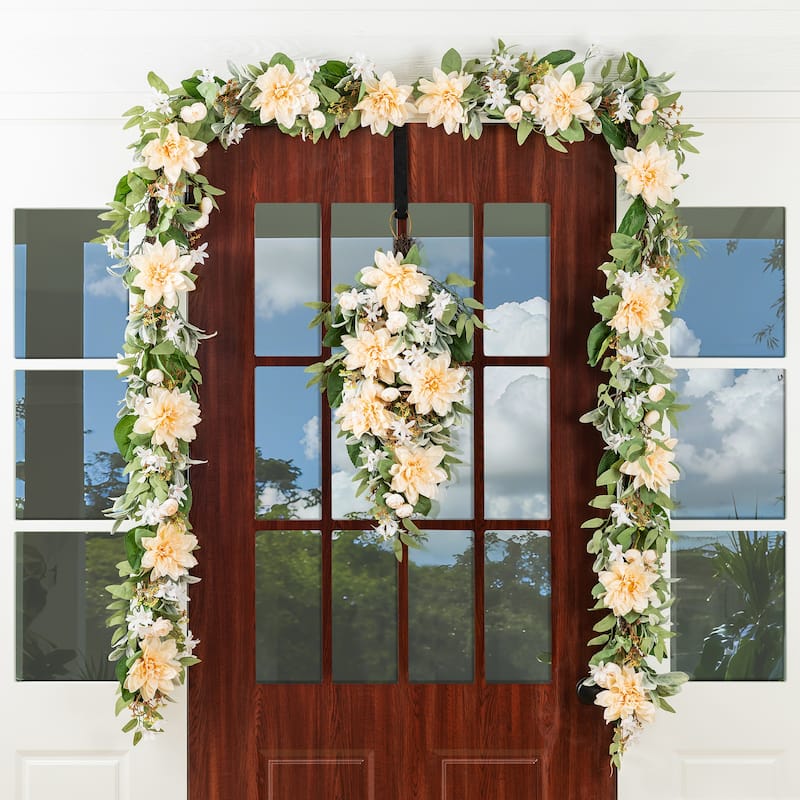 Glitzhome Peach Dahlia Floral Wreath Teardrop Garland
