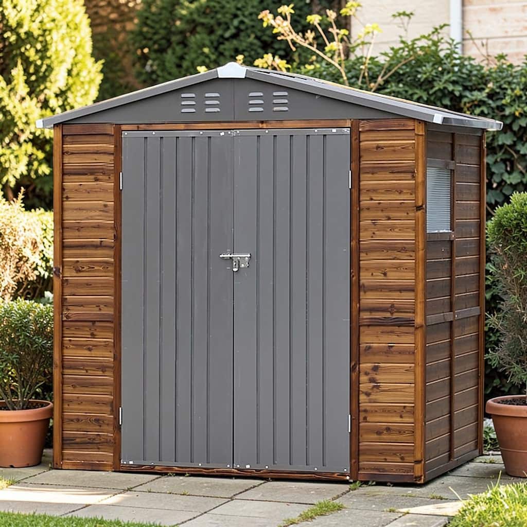 4x6 FT Wood Storage Shed with Metal Roof, Outdoor Garden Tool Shed with Double Doors, Windows and Ventilation