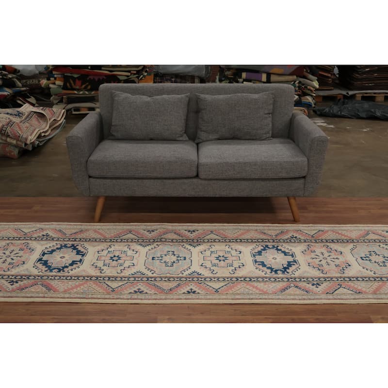 Hand Knotted Oriental 100% Wool Carpet Traditional Geometric Beige & Ivories Kazak Runner Rug - 16' 4'' X 2' 11''