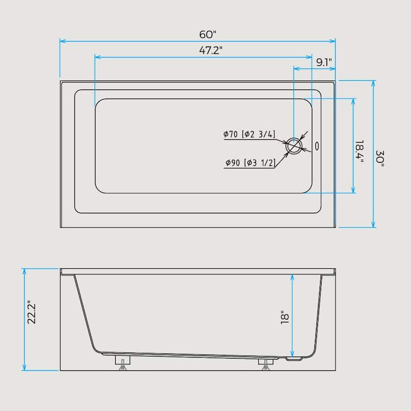 60 Inch Acrylic Rectangular Alcove Soaking Bathtub