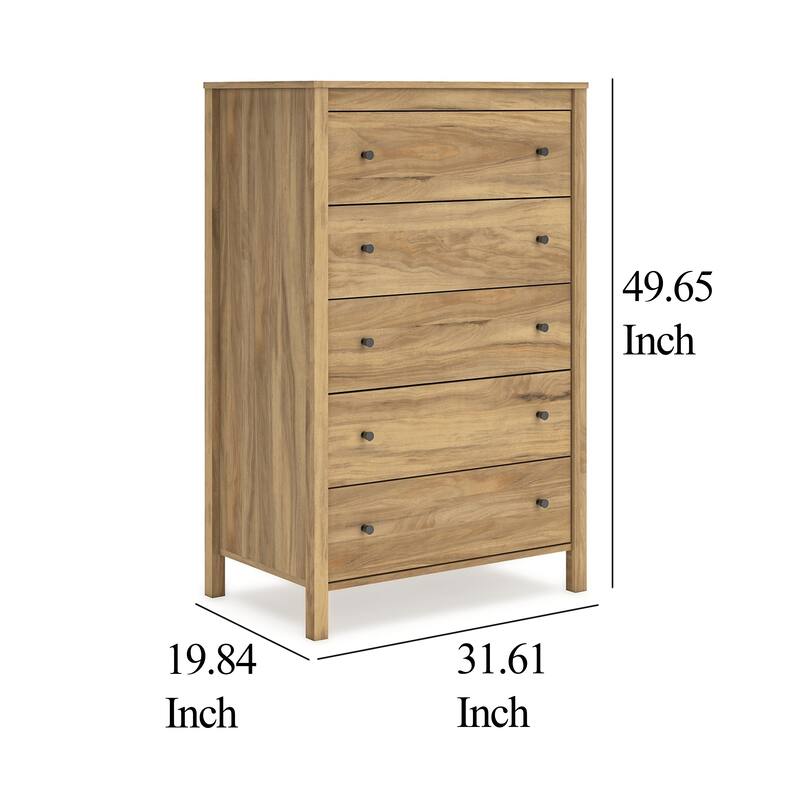 Maci Tall Dresser Chest, 5 Drawers, Natural Brown Wood Finish, 50 Inch