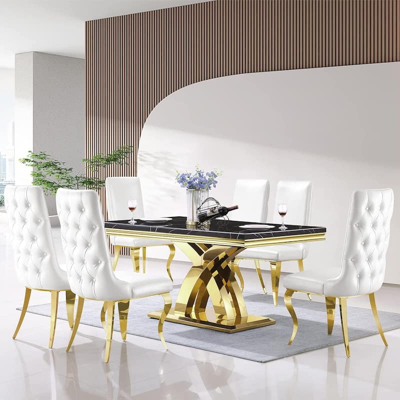 Silver Dining Room Table Set with 65 inch Table and Black Velvet Dining Chairs - Table with 6 Chairs - White