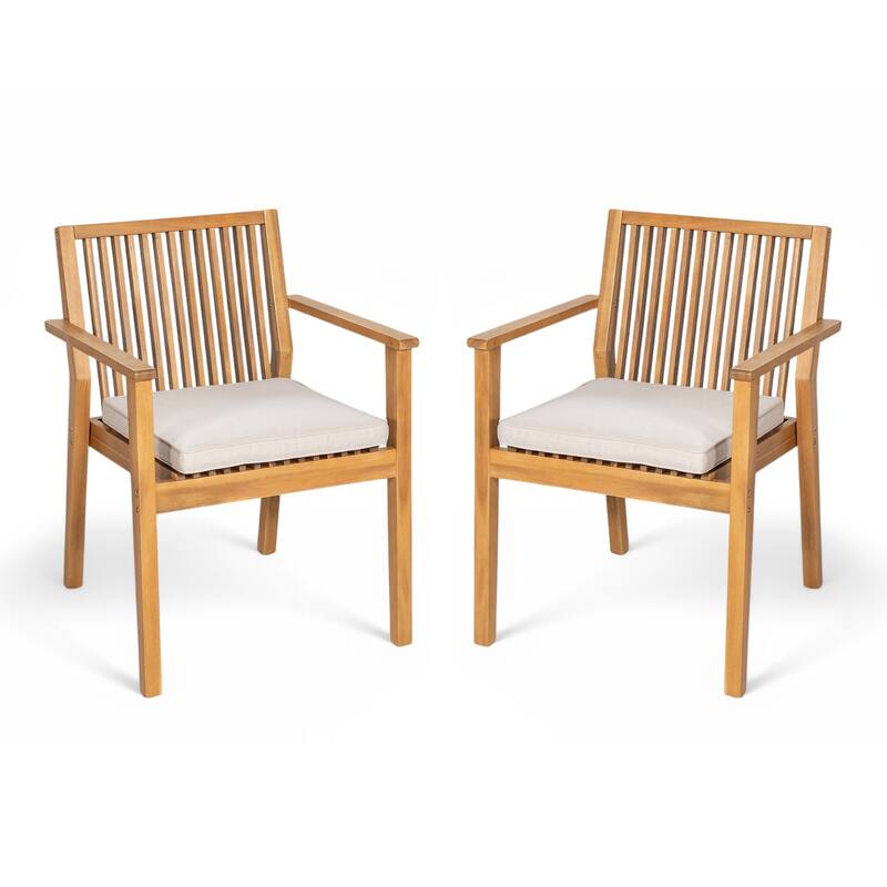 Roomfitters Patio Dining Chairs Set of 2, Acacia Wood Armchairs with Cushions, Outdoor Seating in Natural Finish