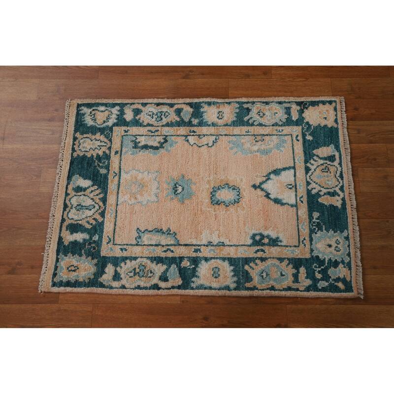 Hand Knotted Oriental 100% Wool Carpet Transitional Geometric Peach Oushak Area Rug - 2' 11'' X 2' 1''