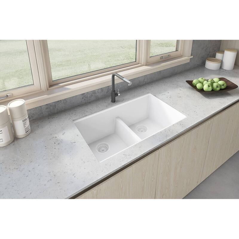 Ruvati 33 x 19 inch Granite Composite Undermount Double Bowl Low Divide Kitchen Sink - Arctic White - RVG2385WH