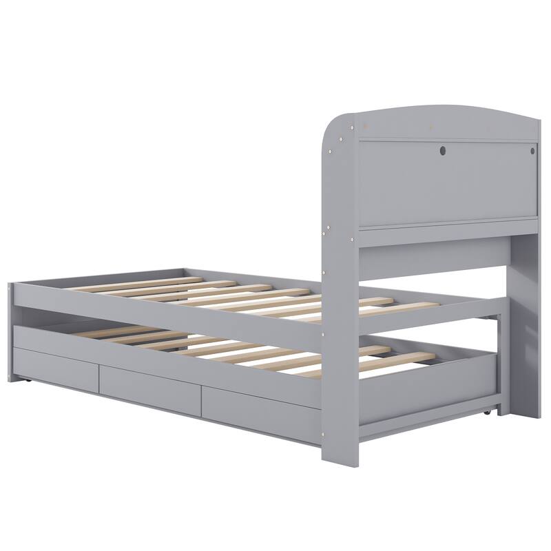 Twin XL Platform Bed with Storage, LED Headboard, Charging Station, Trundle, and Drawers, Gray