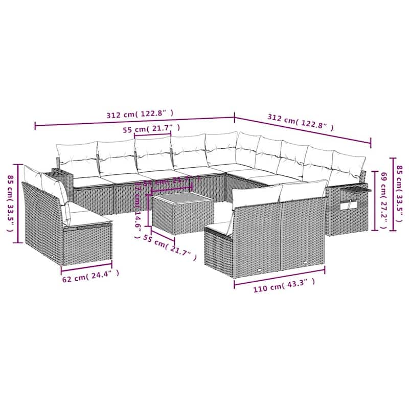 vidaXL 14 Piece Patio Sofa Set with Cushions Black Poly Rattan - 24.4" x 24.4" x 27.2"