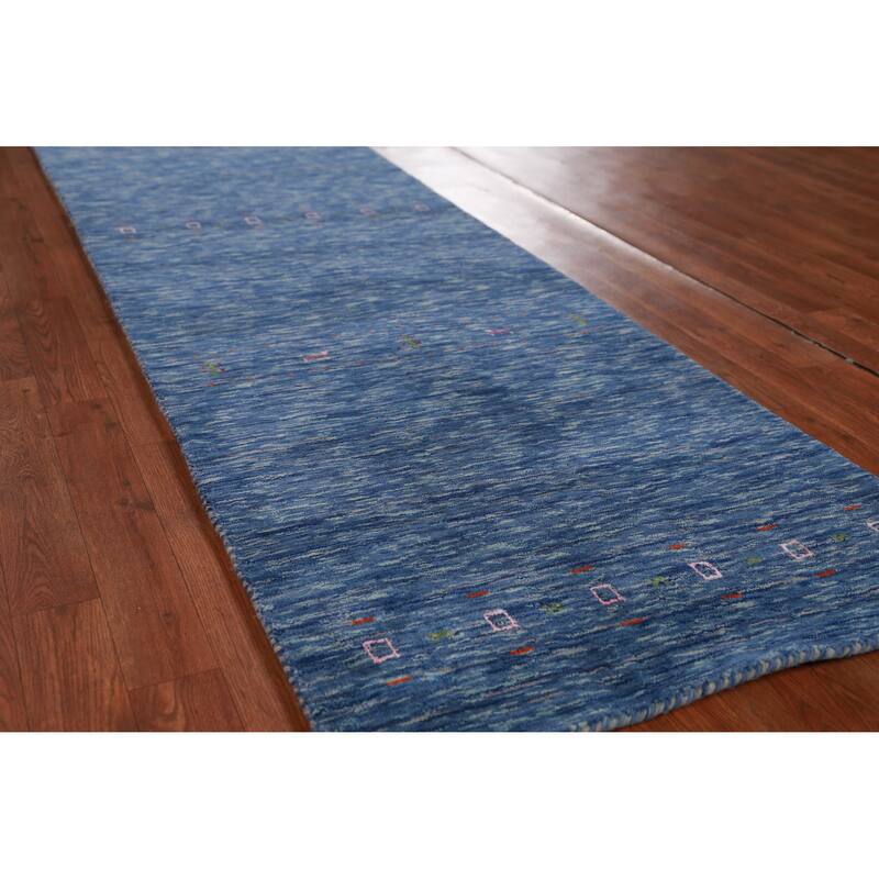 Hand Knotted Oriental 100% Wool Carpet Tribal Tribal Navy Blue & Blues Gabbeh Runner Rug - 9' 10'' X 2' 7''