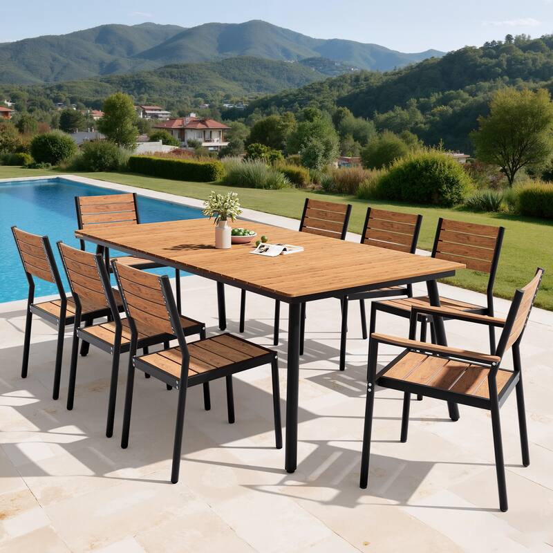 9PC Outdoor Patio Dining Set Aluminum Umbrella Hole Table with Stackable Chairs - Brown