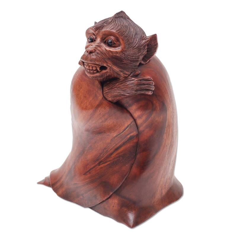 Wood sculpture, 'Cold Monkey' - 10.75" H x 7.75" W x 5" D