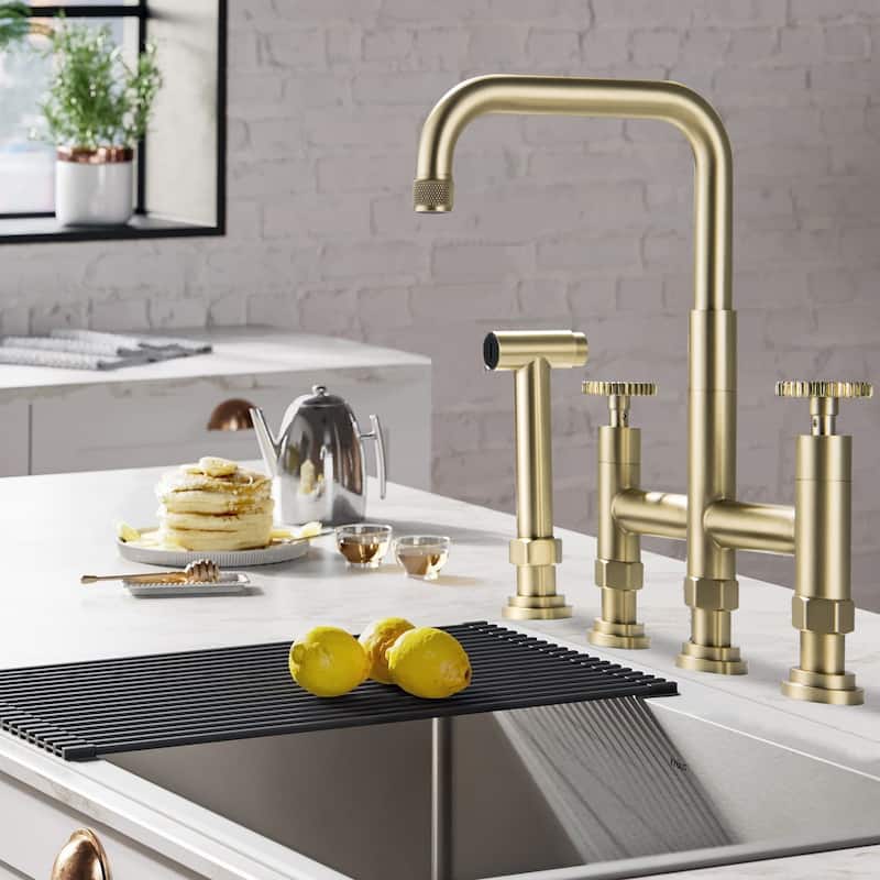 Antique 360 Swivel Bridge Kitchen Faucet with 28'' Slide Sprayer In Stainless Steel - Brushd Gold