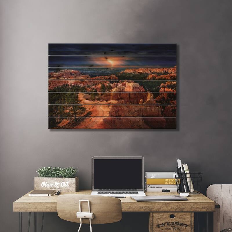 Lightning over Bryce Canyon Print On Wood by Stefan Mitterwallner - Multi-Color