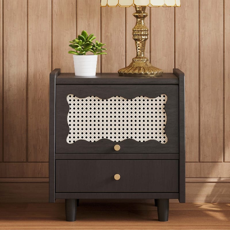 Wooden Nightstand with Rattan