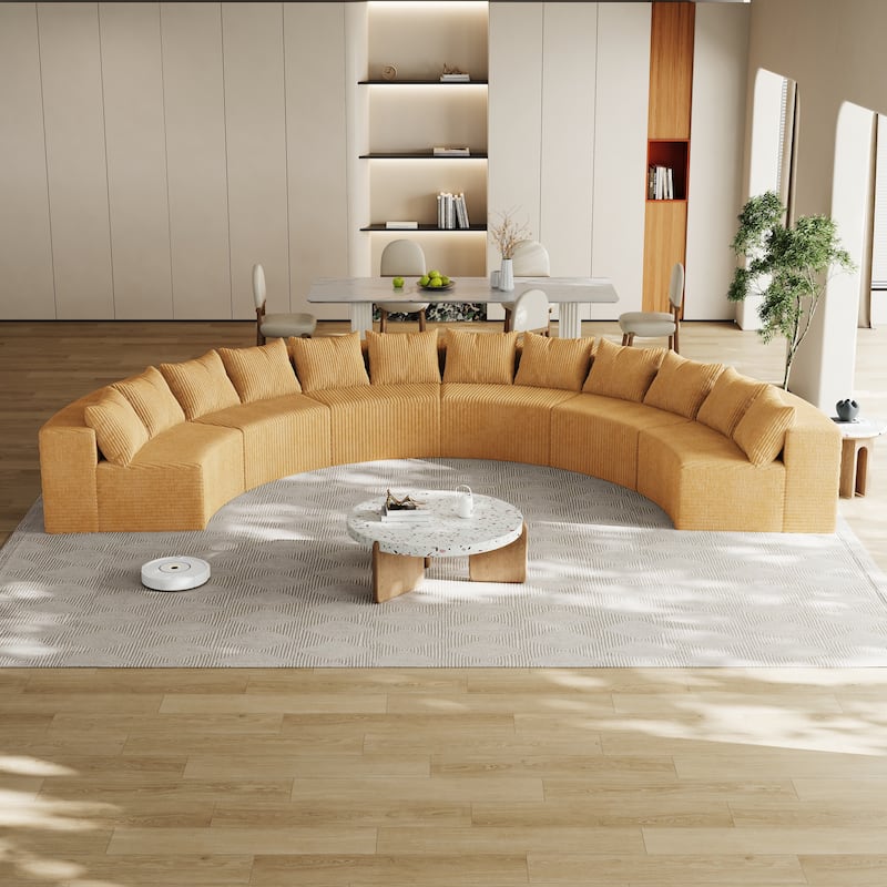 Modern Curved Modular Sofa with Plush Corduroy Upholstery and Supportive Pillows for Living Room or Guest Room - Yellow