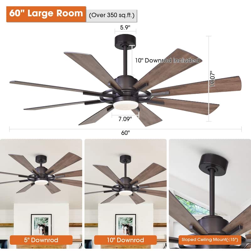 Parrot Uncle 60" Farmhouse Integrated LED Windmill Ceiling Fan with Light and Remote